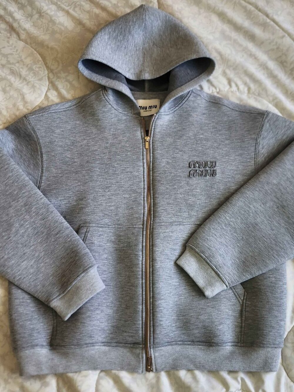 Miu Miu Style Cropped Double Zip Hoodie Mini Logo Size M / EU 40